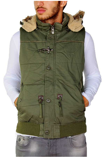 Ανδρικό χακί βαμβακερό γιλέκο με γούνα και κουκούλα