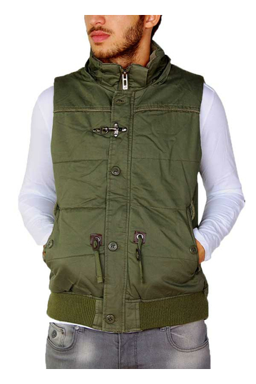 Ανδρικό χακί βαμβακερό γιλέκο με γούνα και κουκούλα