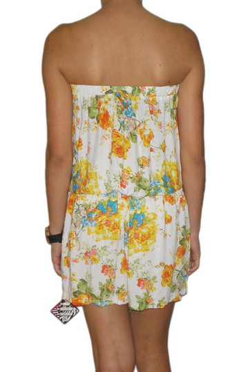 Strapless ruffle playsuit with yellow roses print