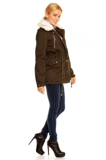 Women's khaki parka jacket with faux-fur collar