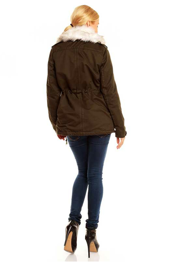 Women's khaki parka jacket with faux-fur collar