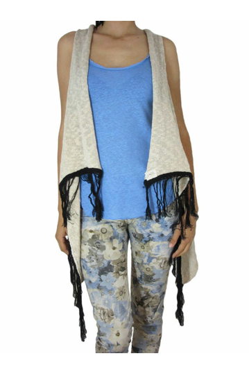 Agel Knitwear πλεκτή αμάνικη ζακέτα μπεζ με κρόσια