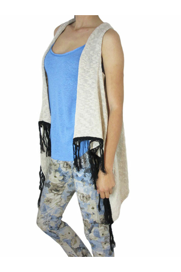 Agel Knitwear πλεκτή αμάνικη ζακέτα μπεζ με κρόσια