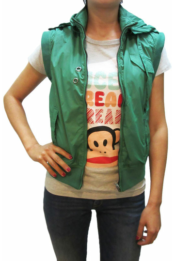 Women's hooded nylon sleeveless short jacket in green