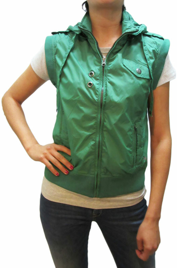 Women's hooded nylon sleeveless short jacket in green