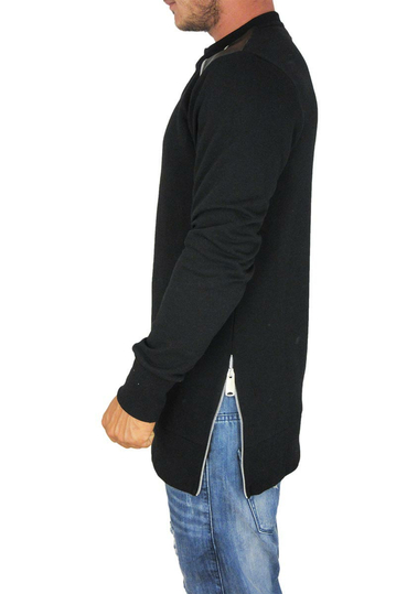Ανδρική longline φούτερ μπλούζα Humanism μαύρη με δέρμα-look λεπτομέρειες