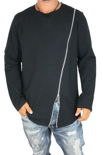Men's longline sweatshirt Humanism black with asymmetrical zip