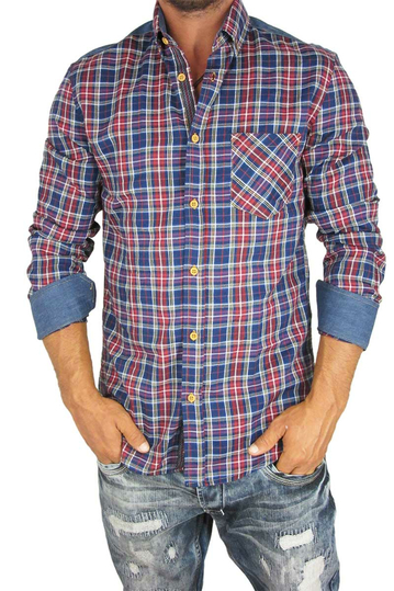 Missone men's blue checked shirt with denim details