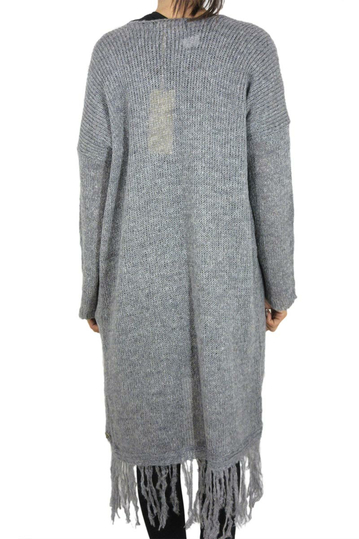 Agel Knitwear μακριά πλεκτή ζακέτα γκρι μελανζέ με κρόσια