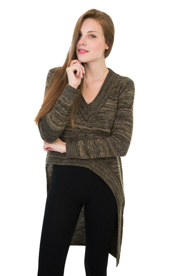 Agel Knitwear πλεκτή μπλούζα πούρο μελανζέ με V-λαιμό και μακριά πίσω