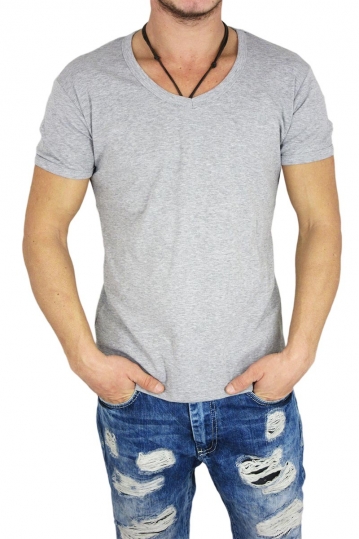 Ανδρικό t-shirt ριπ ζέρσεϋ γκρι μελανζέ με V λαιμόκοψη