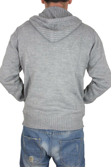 Ανδρική πλεκτή ζακέτα γκρι μελανζέ με φερμουάρ και κουκούλα