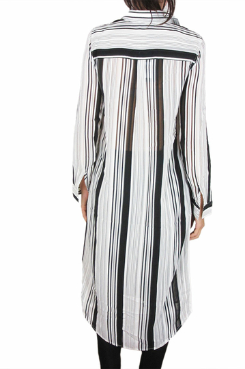 Σιφόν ριγέ μίντι πουκάμισο-φόρεμα κρεμ-μαύρο