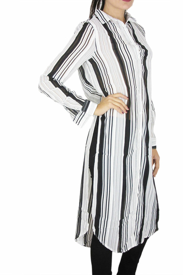 Σιφόν ριγέ μίντι πουκάμισο-φόρεμα κρεμ-μαύρο