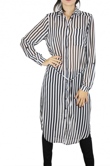 Chiffon striped midi shirt dress white-black