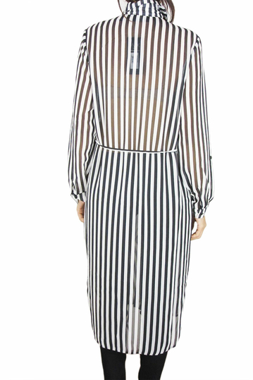 Σιφόν ριγέ μίντι πουκάμισο-φόρεμα λευκό-μαύρο