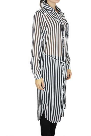 Σιφόν ριγέ μίντι πουκάμισο-φόρεμα λευκό-μαύρο