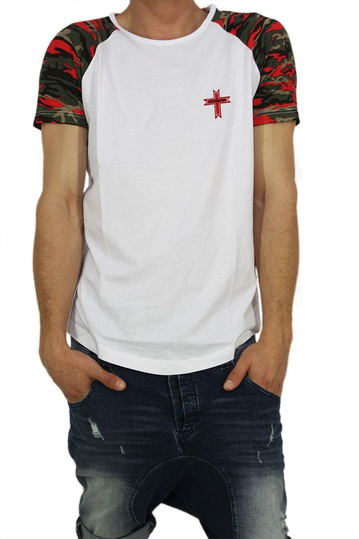 Crossover men's longline t-shirt white with camo sleeves