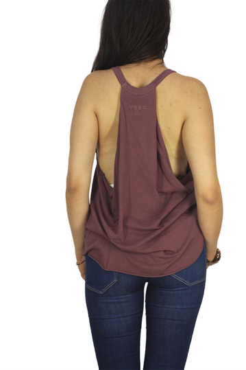 Obey women's tank Never just rock n roll dusty merlot