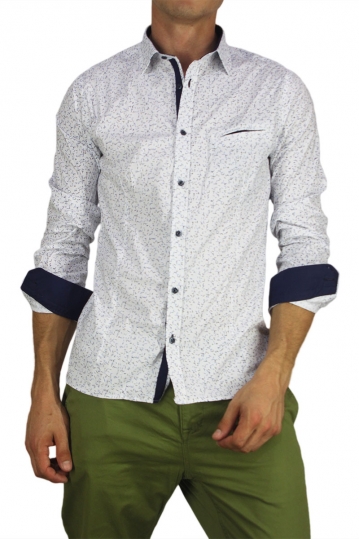Ανδρικό πουκάμισο λευκό με γαλάζιο και γκρι πριντ
