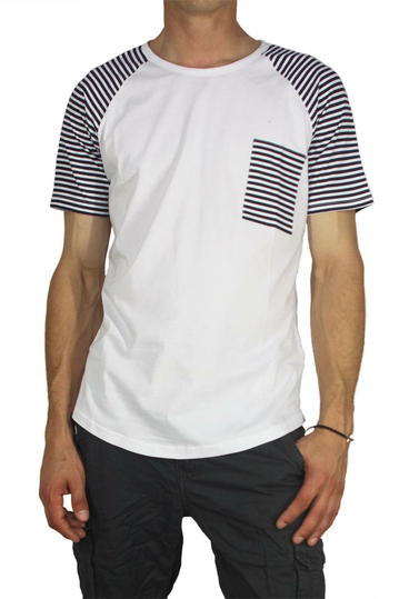 Bigbong longline t-shirt white with striped sleeves