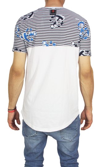 Crossover ανδρική μπλούζα longline λευκή με ριγέ πάνελ