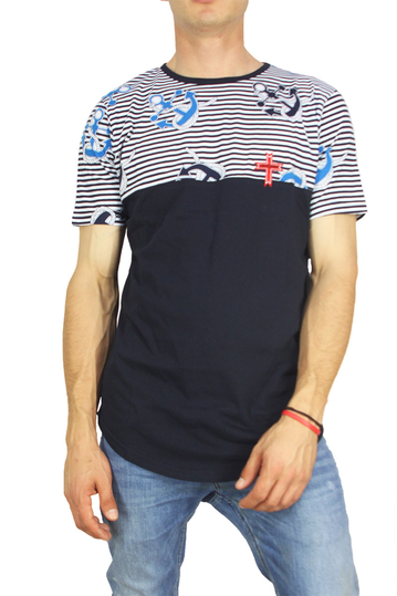 Crossover men's longline t-shirt navy with striped panel