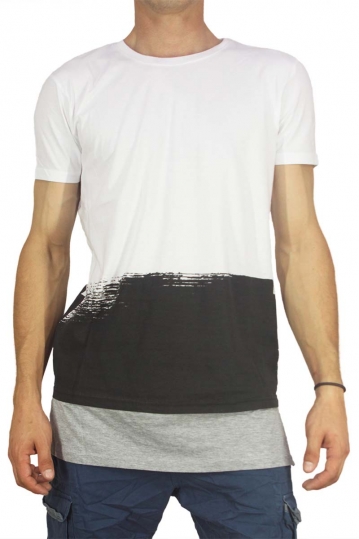 Ανδρικό longline color block t-shirt λευκό-μαύρο με ένθετο τελείωμα