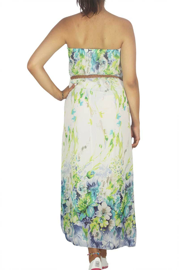 Στράπλες μάξι φόρεμα φλοράλ πράσινο-μπλε
