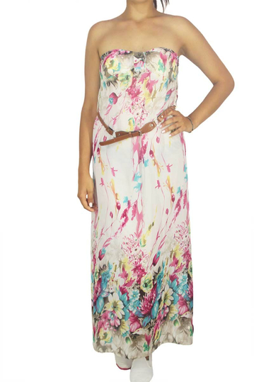 Strapless pink floral maxi dress