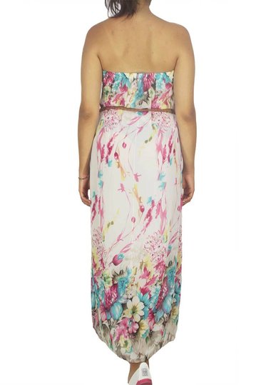 Στράπλες μάξι φόρεμα φλοράλ μπλε-ροζ