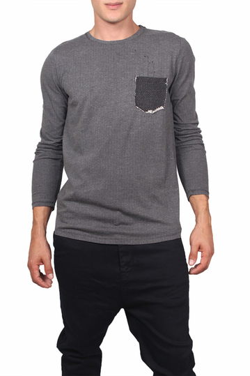 Men's grey-black herringbone long sleeve tee