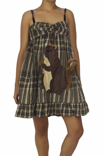 Fabric Art checkered strap dress with applique squirrel