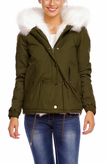 Women's short parka khaki with white faux-fur