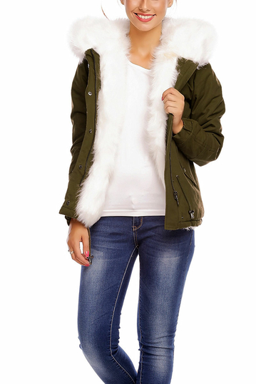 Women's short parka khaki with white faux-fur
