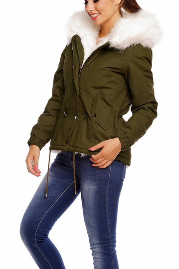 Women's short parka khaki with white faux-fur