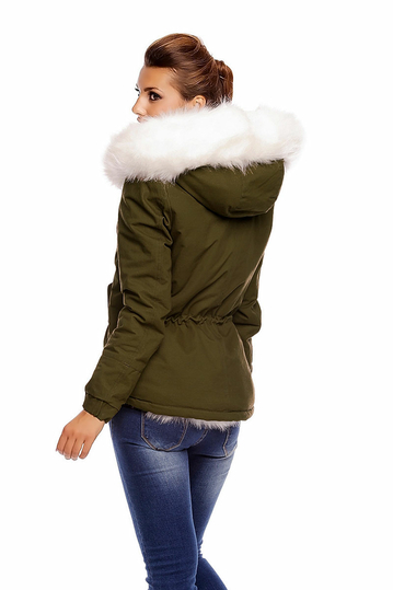 Women's short parka khaki with white faux-fur
