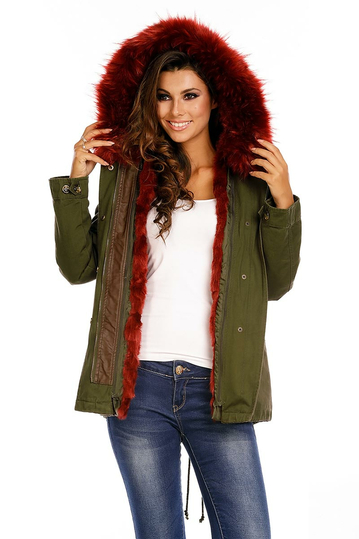 Women's cotton parka khaki with bordeaux faux-fur