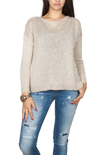 Agel Knitwear sequin plunge V back jumper ecru