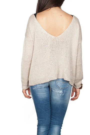 Agel Knitwear πουλόβερ εκρού με πούλιες και V-πλάτη