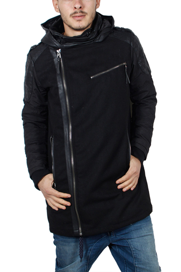 Men's felt parka black with fake-leather details