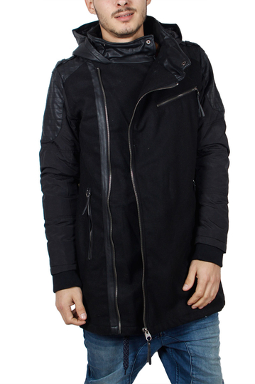 Ανδρικό παρκά σε μαύρη τσόχα με fake-δέρμα λεπτομέρειες