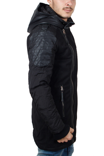 Ανδρικό παρκά σε μαύρη τσόχα με fake-δέρμα λεπτομέρειες