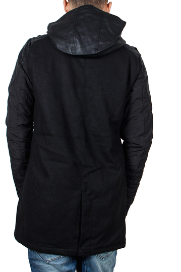 Ανδρικό παρκά σε μαύρη τσόχα με fake-δέρμα λεπτομέρειες