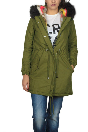 Women's parka khaki with black and multi faux-fur