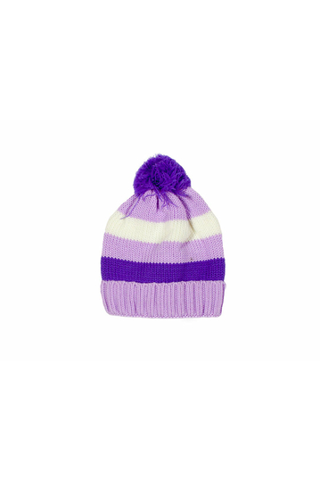 Knitted turn up pom beanie purple