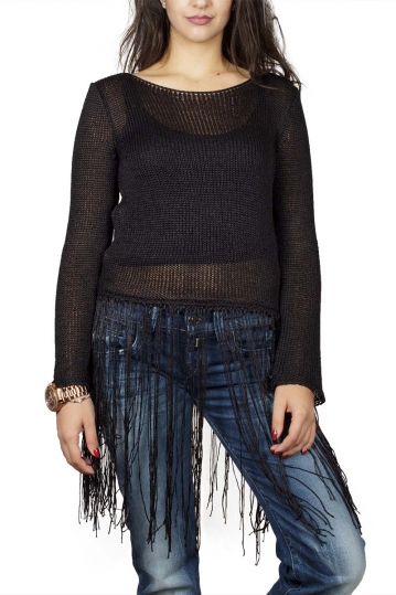 Agel Knitwear crop knitted sweater with fringe in black