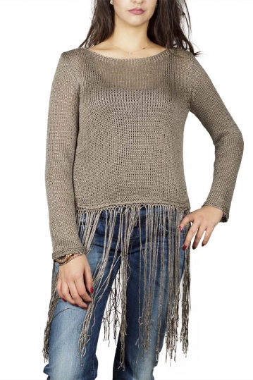 Agel Knitwear crop knitted sweater with fringe in tobacco
