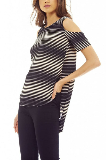 Black-cream striped cold shoulder top