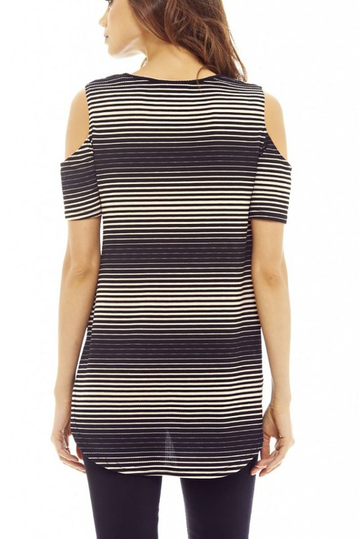 Black-cream striped cold shoulder top